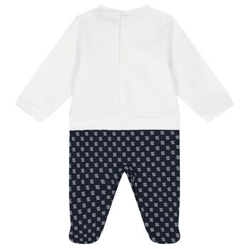Baby Boys White & Navy Blue Logo Babygrow
