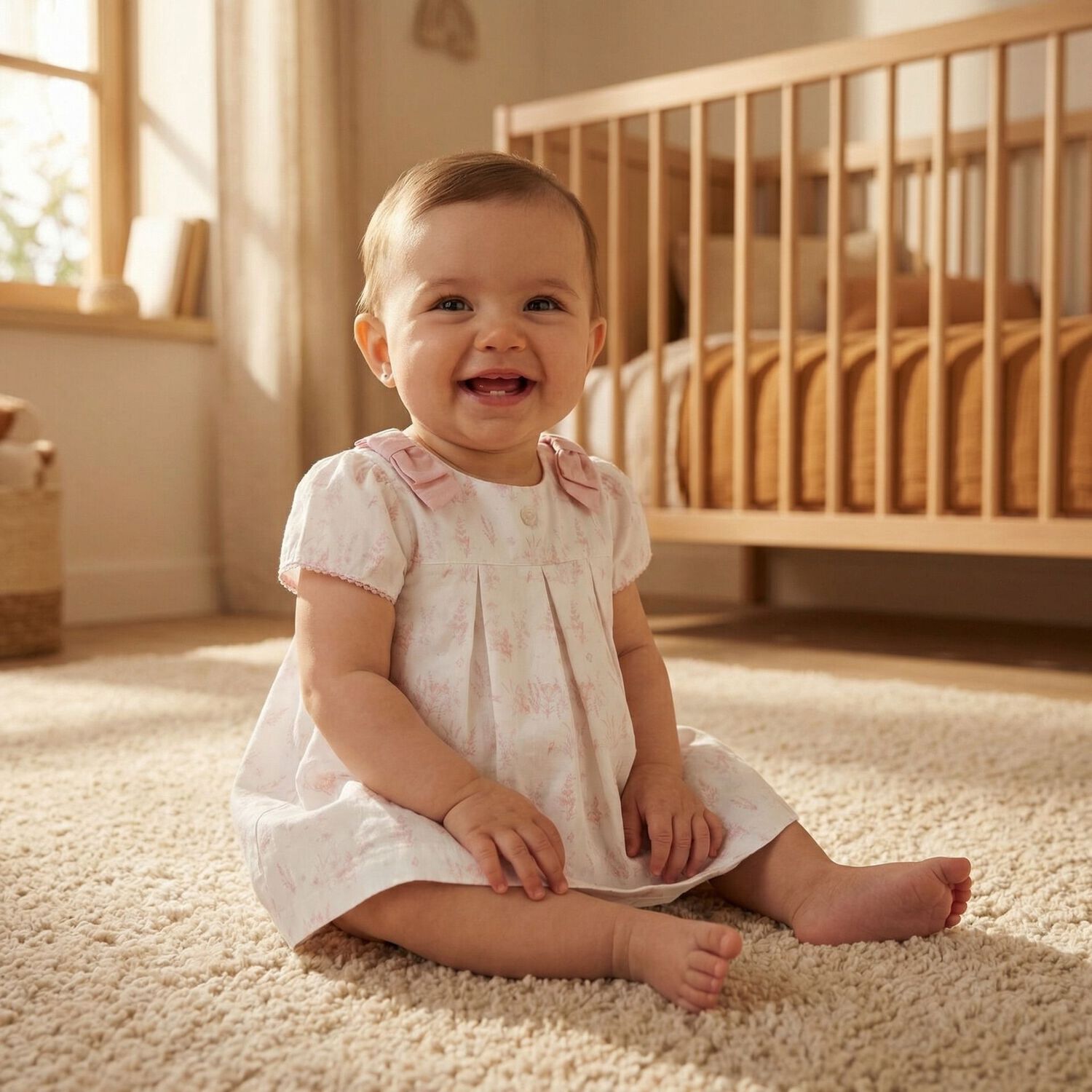 Baby Girls White & Pink Toile De Jouy Dress , 1, hi-res