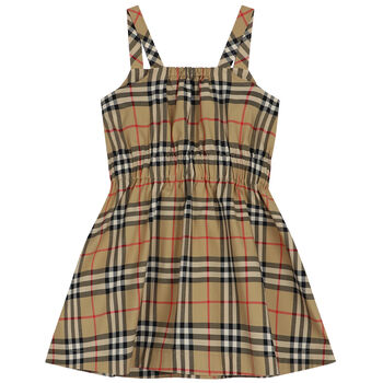 Girls Beige Checked Dress
