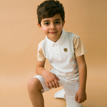 Boys White & Beige Logo Polo Shirt