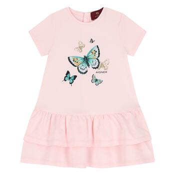Younger Girls Pink Butterflies Logo Dress
