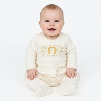 Baby Girls Ivory & Gold Logo Babygrow