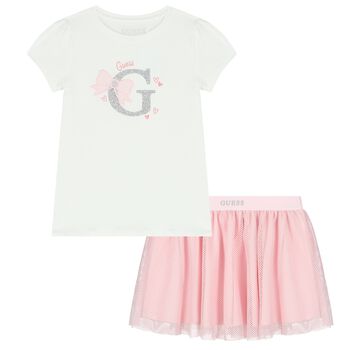 Girls White & Pink Logo Skirt Set