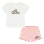 Younger Girls White & Pink Teddy Bear Shorts Set, 1, hi-res