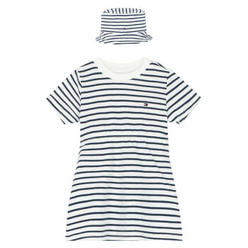 Baby Girls White & Blue Striped Dress Set