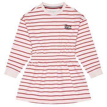 Girls Pink & Red Striped Logo Dress