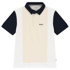 Boys Ivory, White & Navy Blue Polo Shirt, 1, hi-res