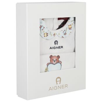 Baby Boys White & Blue Teddy Bear Logo Babygrow Gift Set