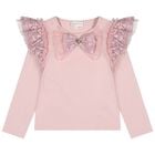 Girls Pink Sequin Lace Bow Carina Long Sleeve Top, 1, hi-res