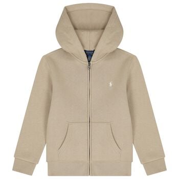 Boys Beige Logo Zip Up Hooded Top