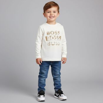 Younger Boys White Logo Long Sleeve Top