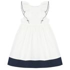 Girls White & Navy Blue Ruffled Dress, 1, hi-res