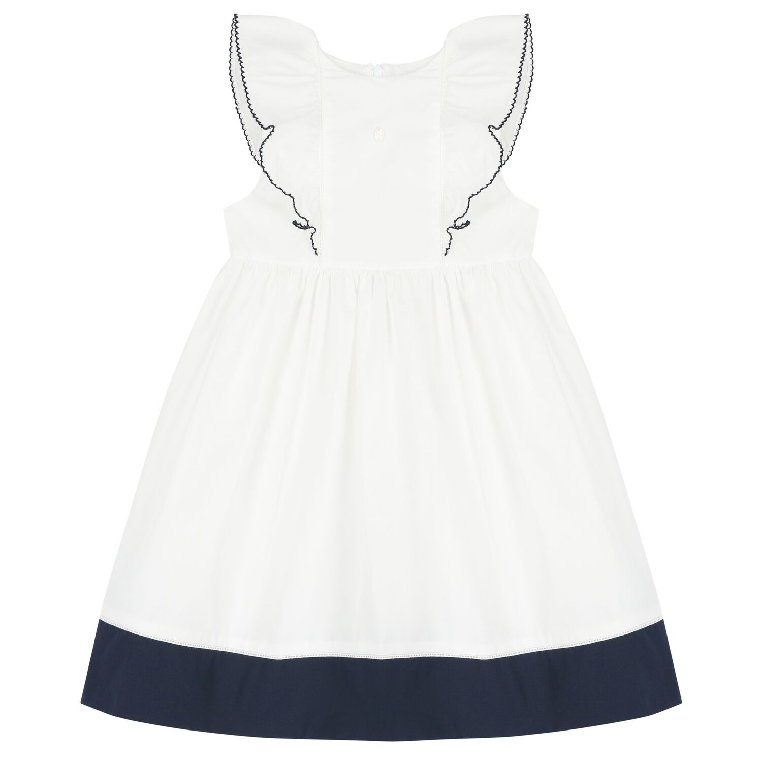 Girls White & Navy Blue Ruffled Dress, 1, hi-res image number null