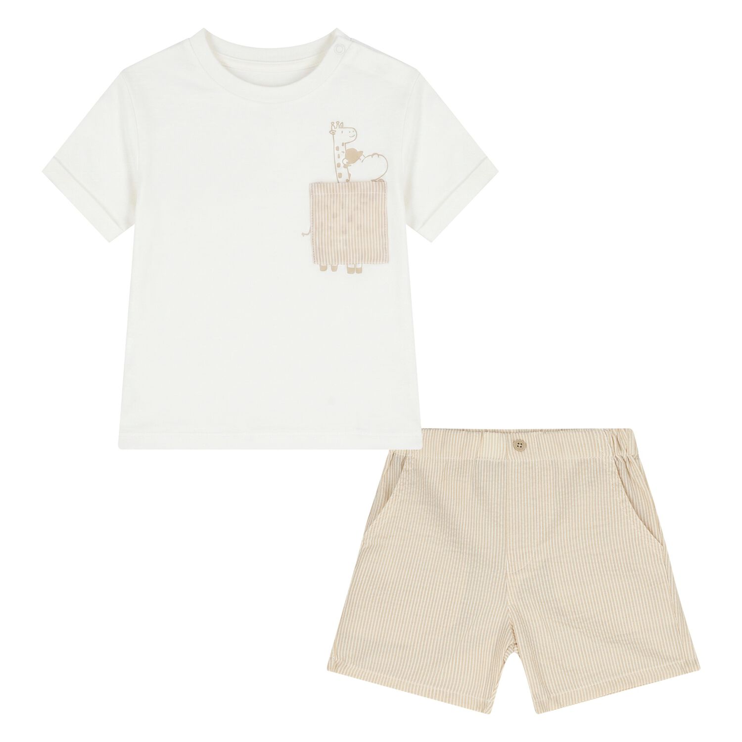 Younger Boys Beige & White Striped Shorts Set, 2, hi-res