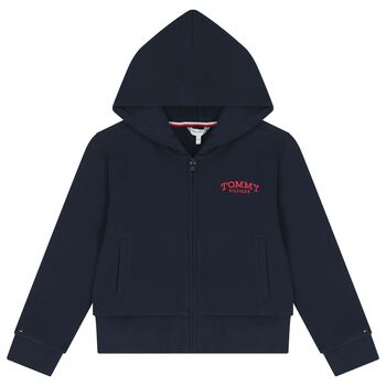 Girls Navy Blue Logo Hooded Zip Up Top