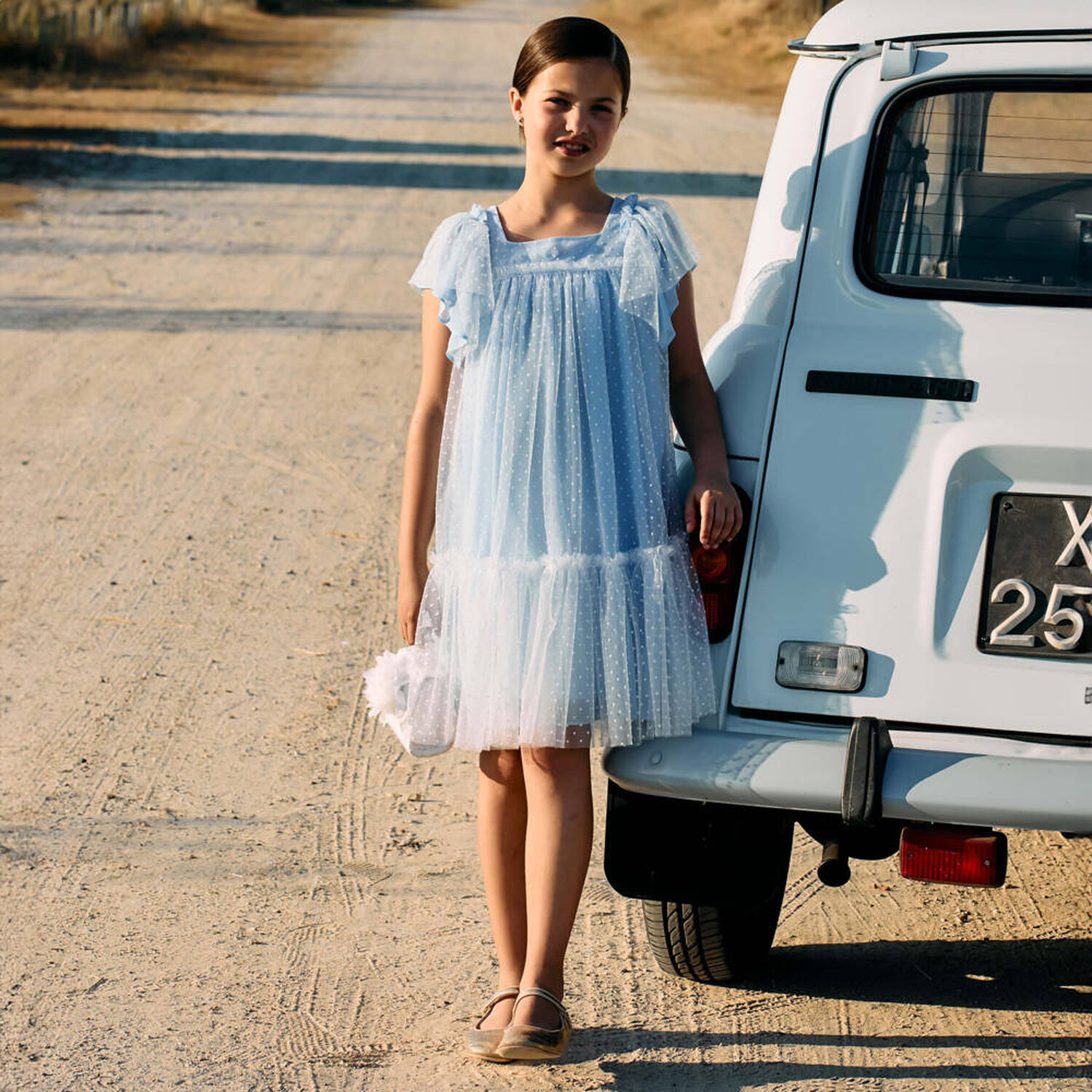 فستان تول منقط باللون الأزرق للبنات, 1, hi-res image number null