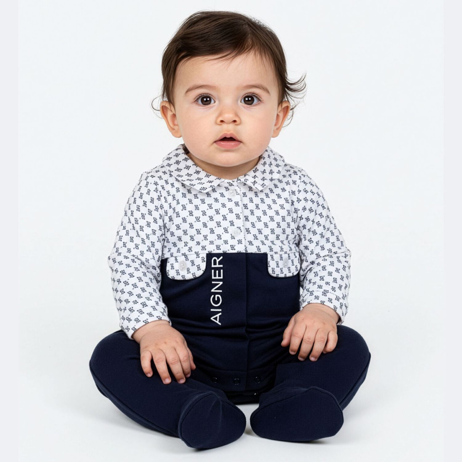 Baby Boys White & Navy Blue Logo Babygrow, 2, hi-res