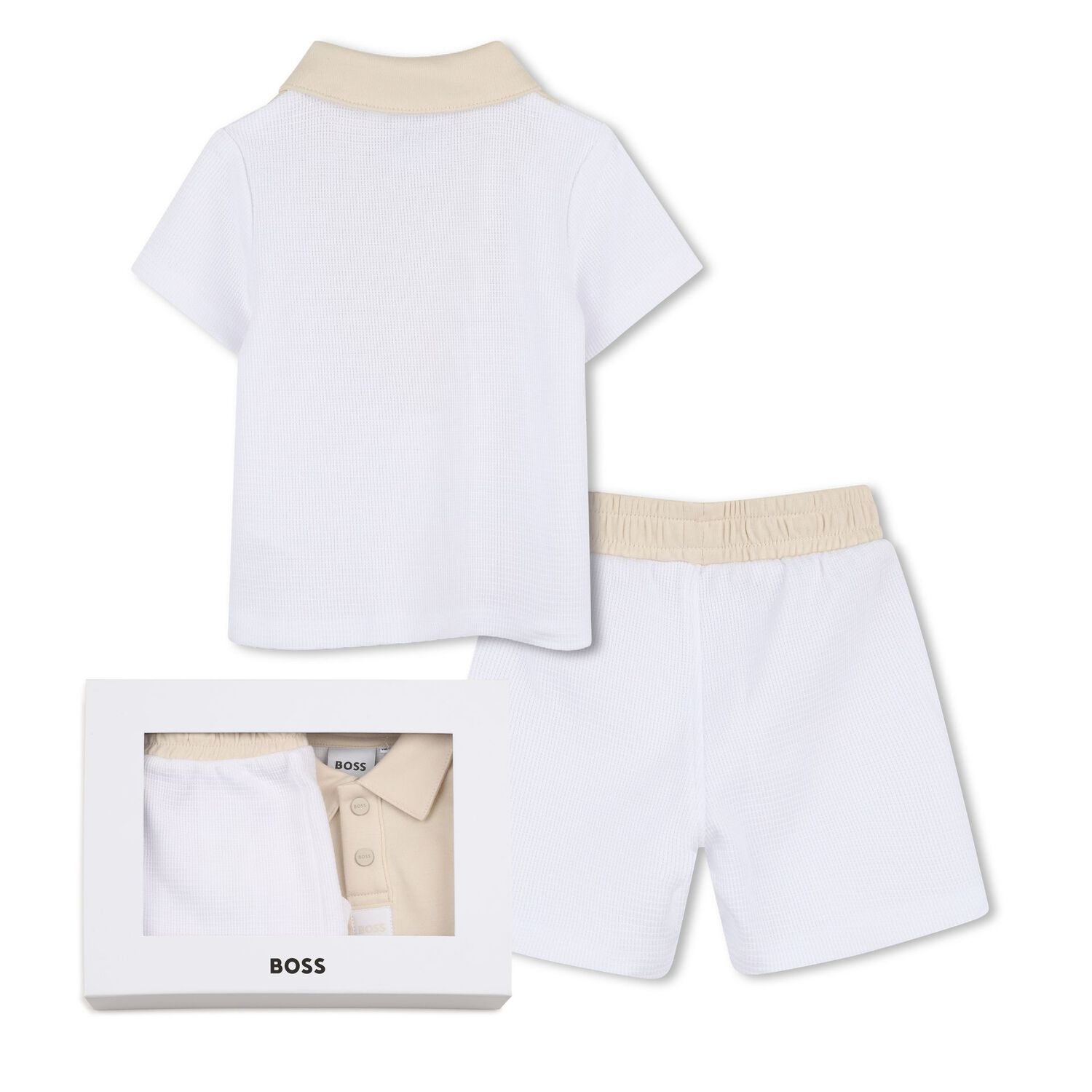 Baby Boys White & Beige Knitted Shorts Set, 1, hi-res