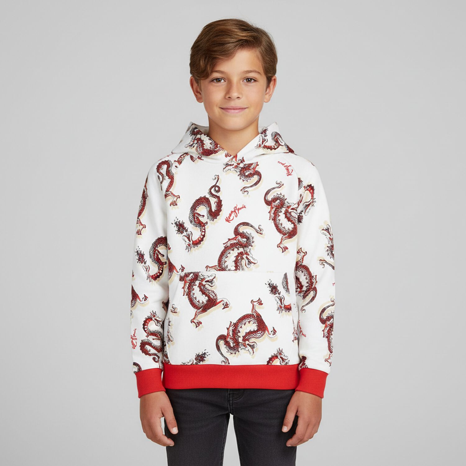 Boys Ivory & Red Dragons Hooded Top, 1, hi-res image number null