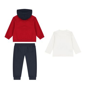 Younger Boys Ivory, Red & Navy Blue Teddy Bear Tracksuit Set (3 Piece)