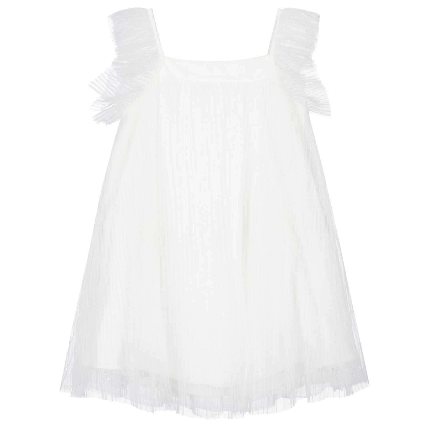 Girls White Pleated Tulle Dress, 1, hi-res image number null