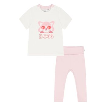 Younger Girls White & Pink Logo Leggings Set