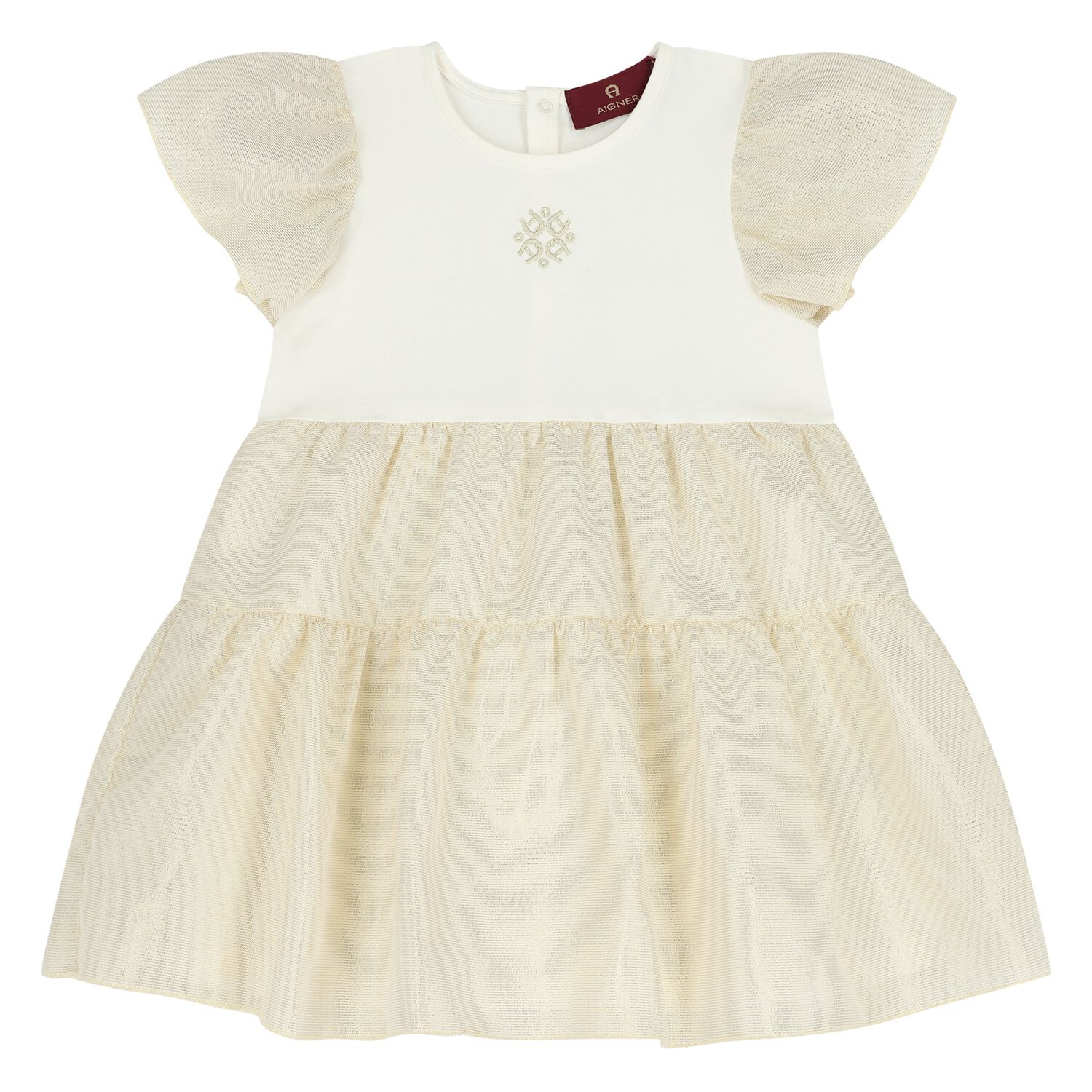 Younger Girls White & Gold Logo Dress, 1, hi-res