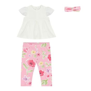 طقم ليجنز بناتي صغيرات باللون العاجي والوردي بنقشة زهور