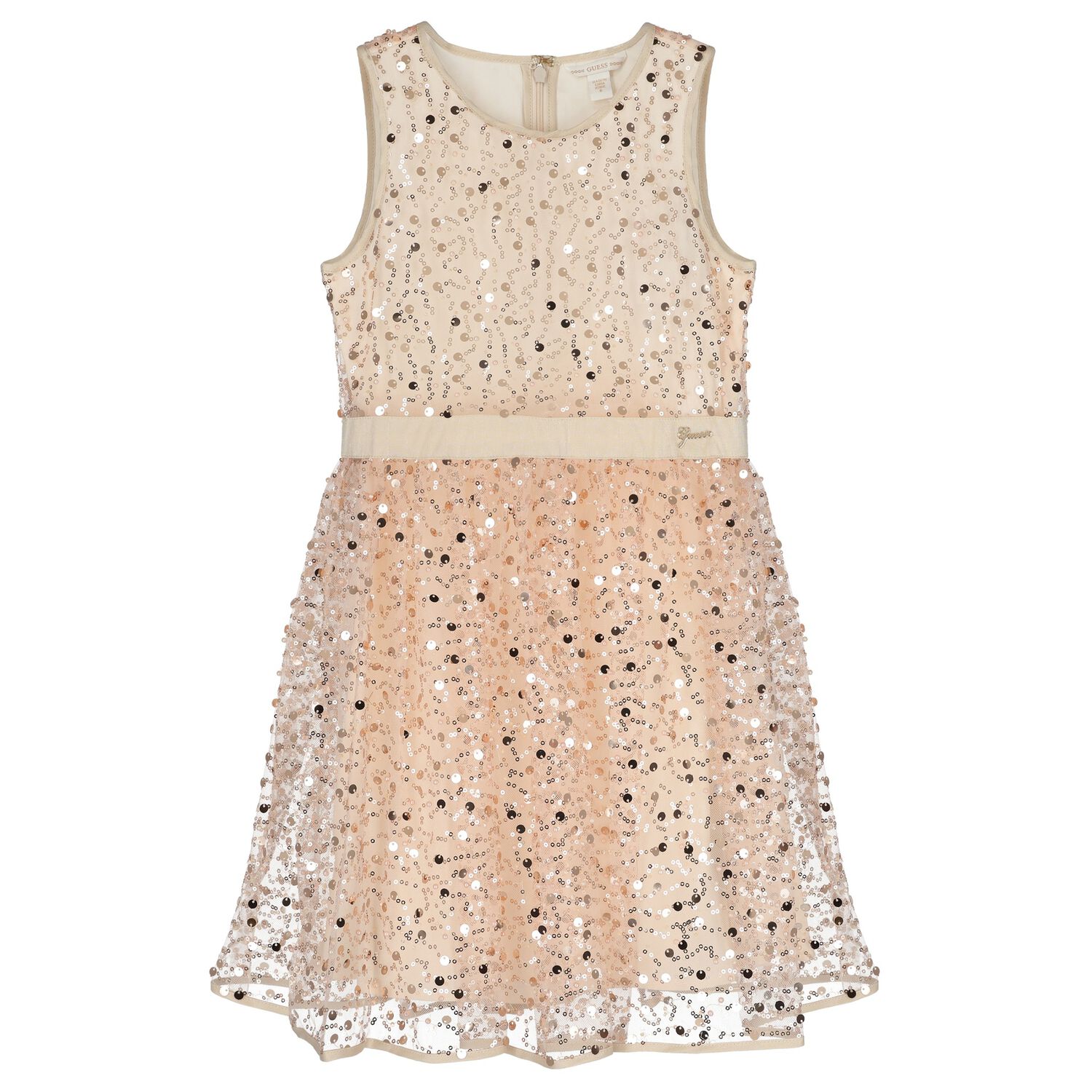 Girls Beige Embellished Sequin Dress, 1, hi-res