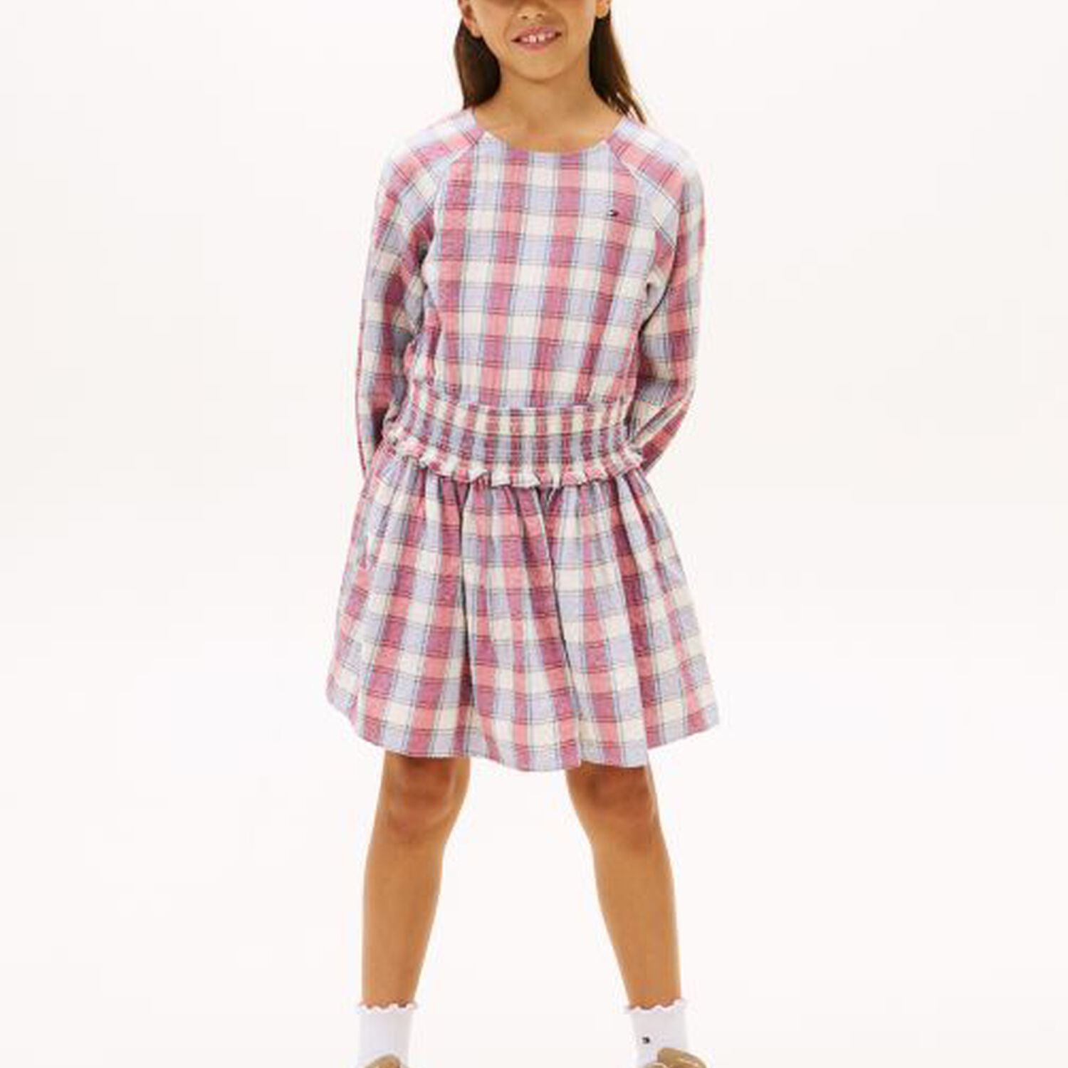 Girls Pink & Blue Check Dress, 1, hi-res