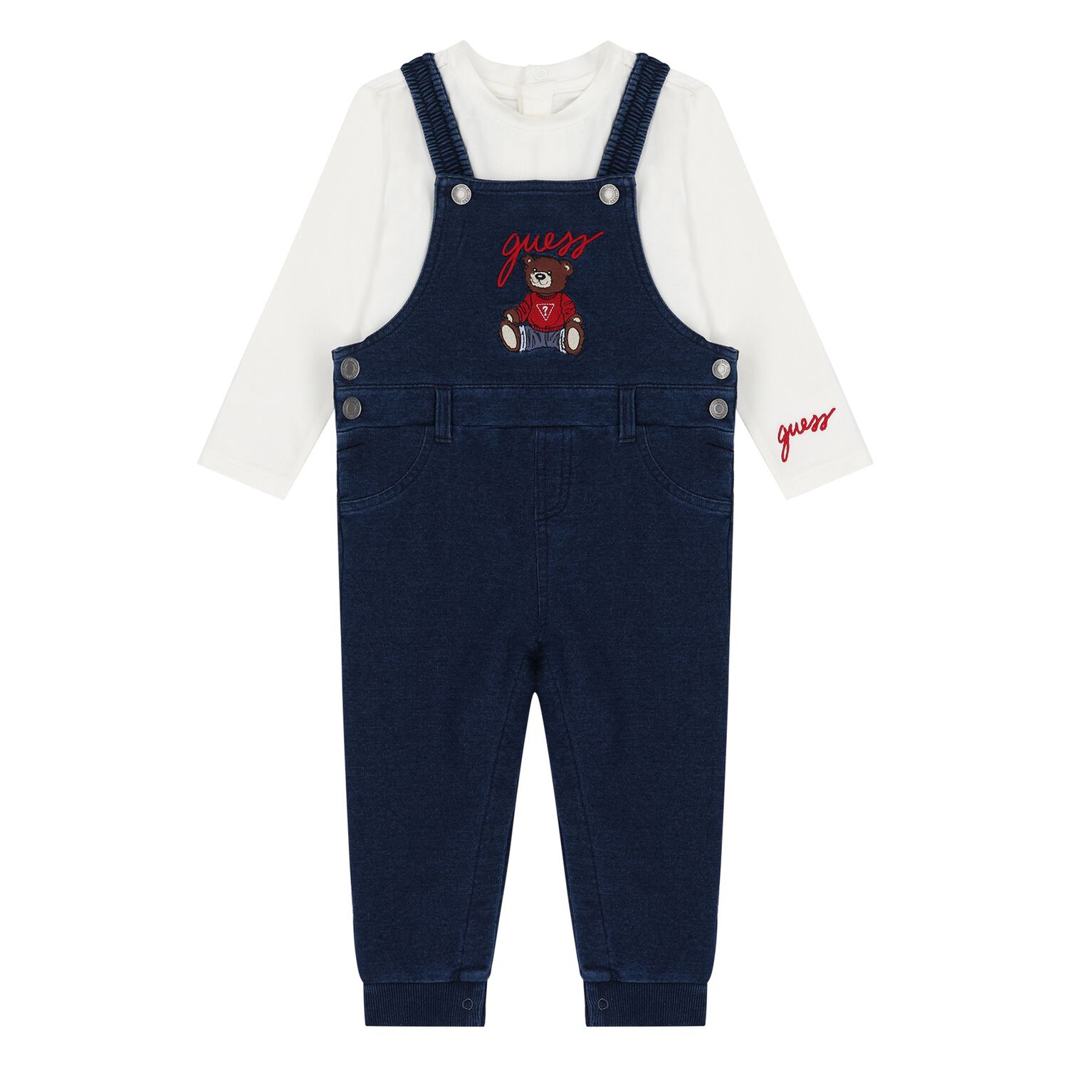 Baby Boys Navy Blue Logo Teddy Bear Dungaree Set, 1, hi-res image number null