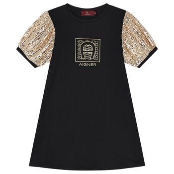 Girls Black & Gold Logo Dress