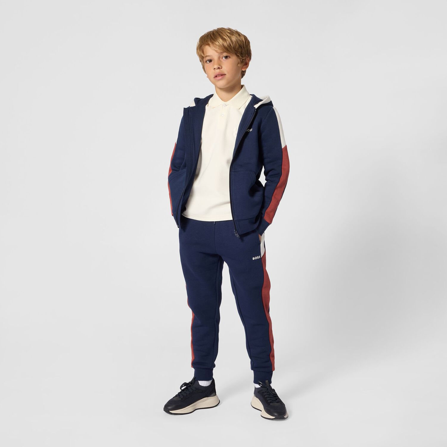 Boys Navy Blue Logo Hooded Zip Up Top, 4, hi-res