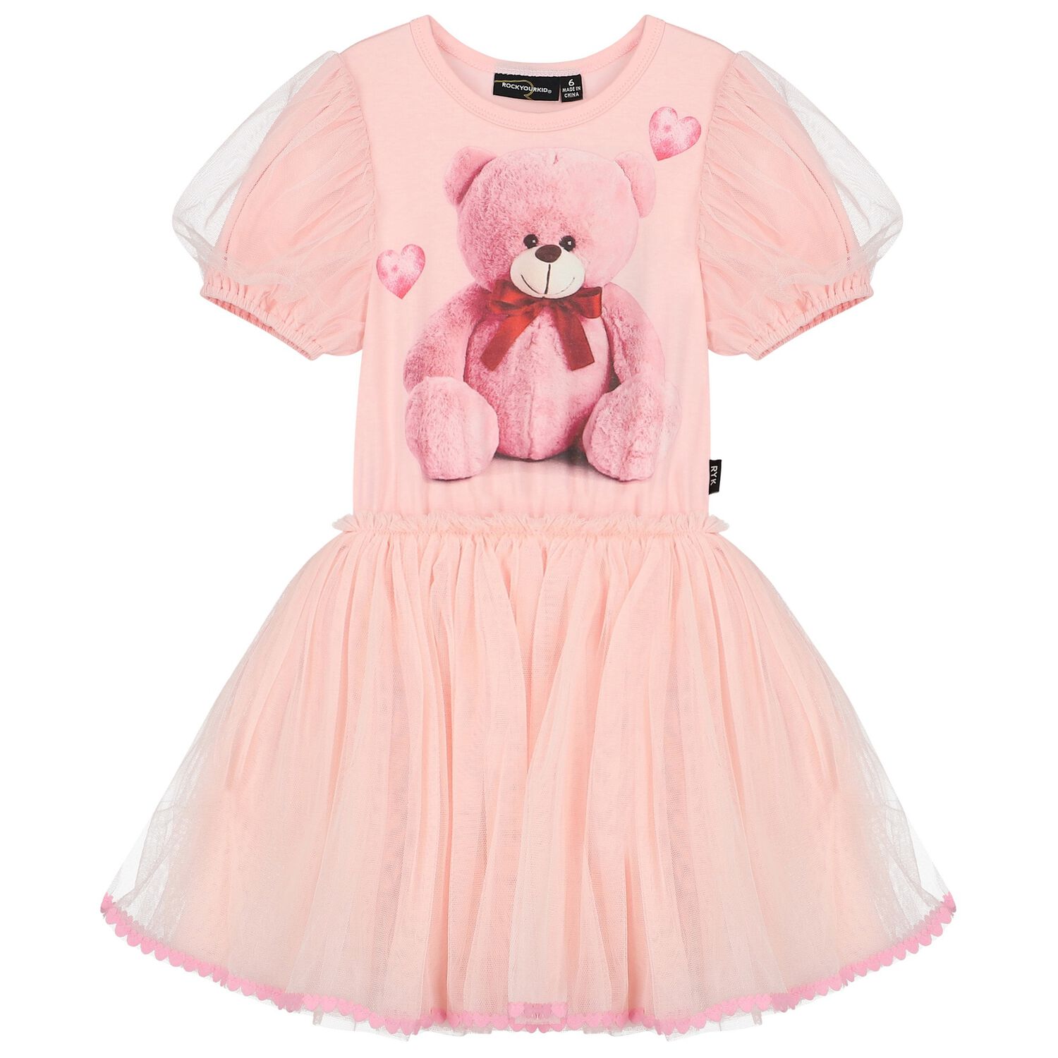 Girls Pink Teddy Bear Tulle Dress, 1, hi-res image number null