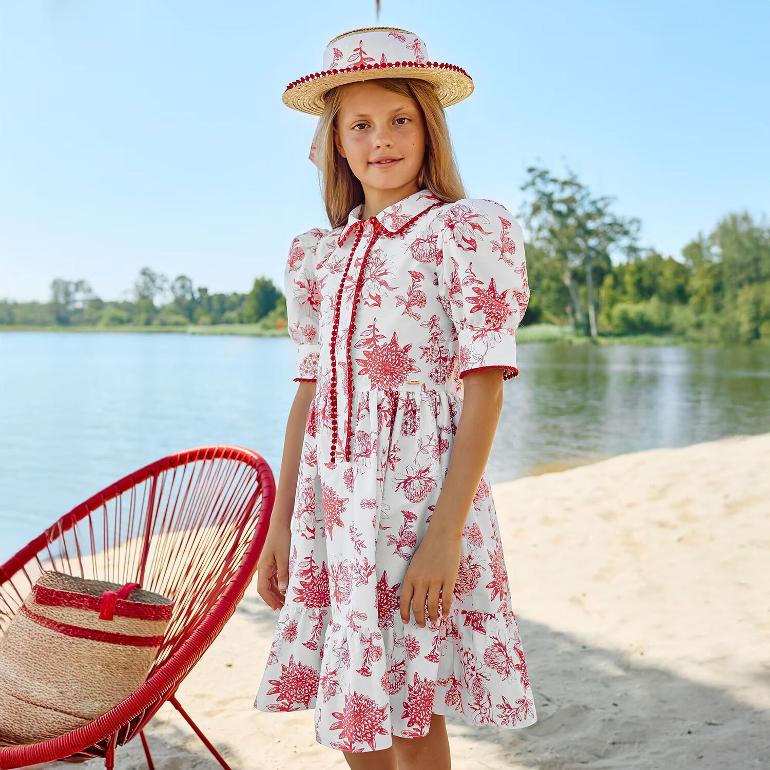 Girls White & Red Floral Dress , 2, hi-res