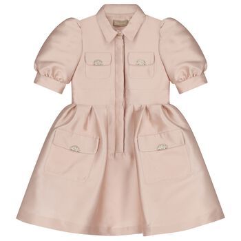 Girls Pink Satin Puff Sleeve Dress