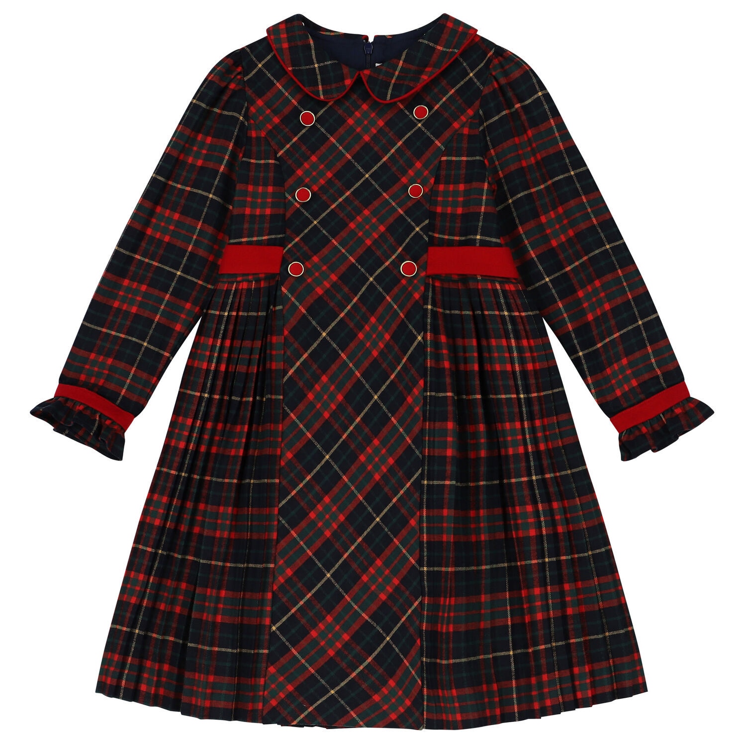 Girls Navy Blue, Green & Red Tartan Dress, 1, hi-res