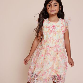 Girls Yellow & Pink Logo Floral Tulle Dress