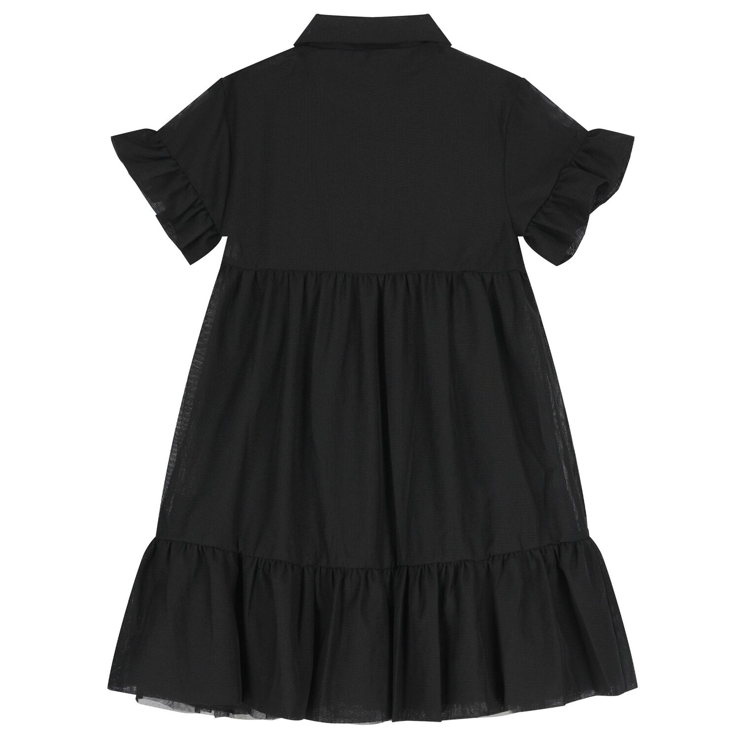 Girls Black Logo Tiered Mesh Dress, 1, hi-res