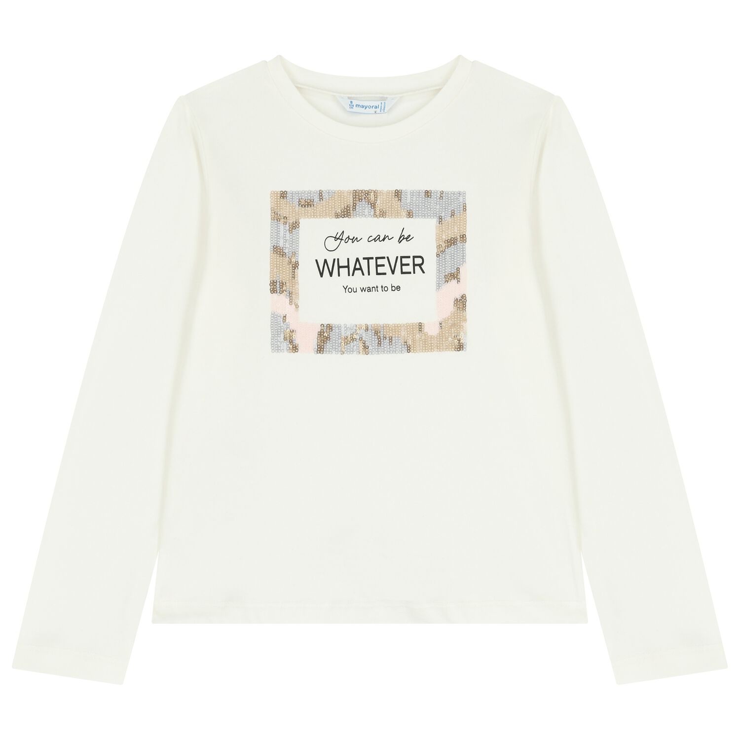 توب بنات بأكمام طويلة مطرز باللون العاجي , 1, hi-res