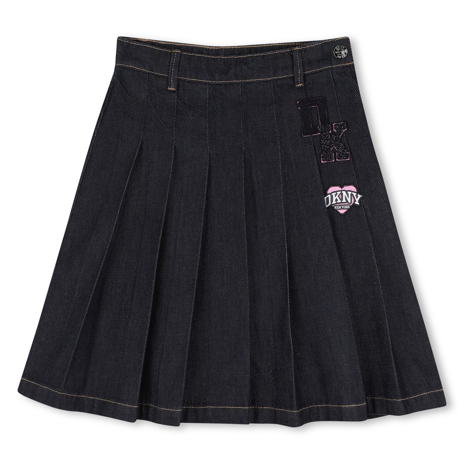 Girls Navy Blue Logo Denim Pleated Skirt, 1, hi-res