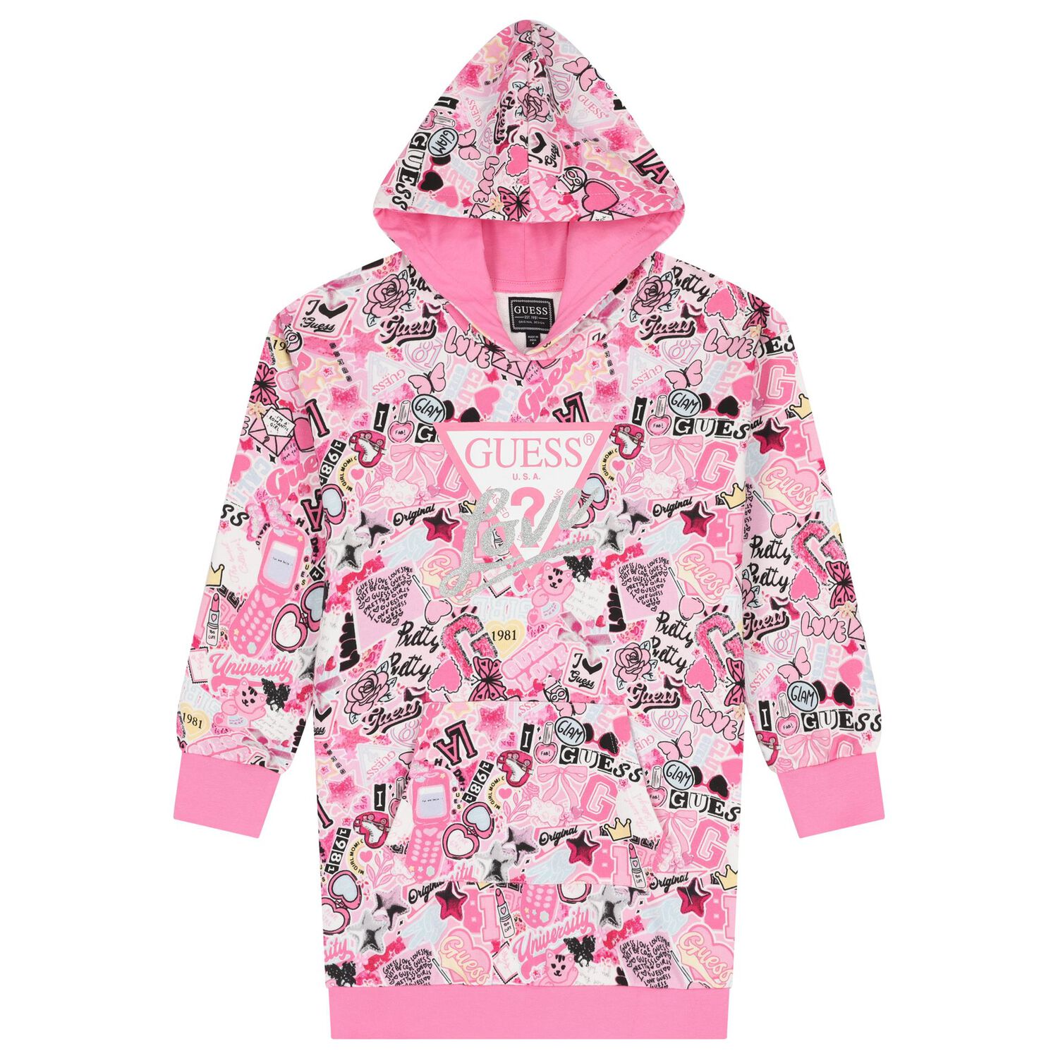 Girls Pink Logo Hooded Dress, 1, hi-res image number null