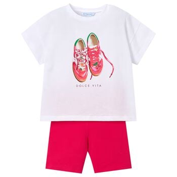 طقم شورت للبنات باللون الابيض والاحمر 