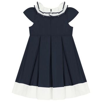Girls Navy Blue Ruffled Collar Pleated Dress