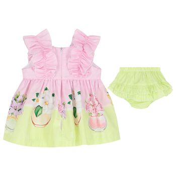 Baby Gilrs Pink & Green Ruffled Floral Dress Set