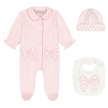 Baby Girls Ivory & Pink Floral Bow Babygrow Gift Set