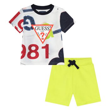 Younger Boys White & Green Logo Shorts Set