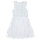 Girls White Logo Tulle Dress, 1, hi-res