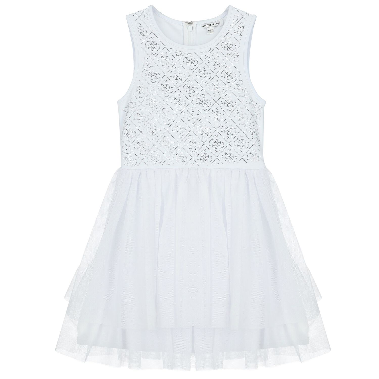 Girls White Logo Tulle Dress, 1, hi-res