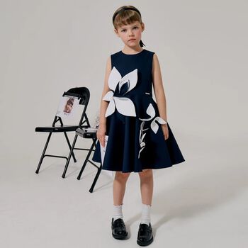 Girls Navy Blue & White Satin Floral Dress